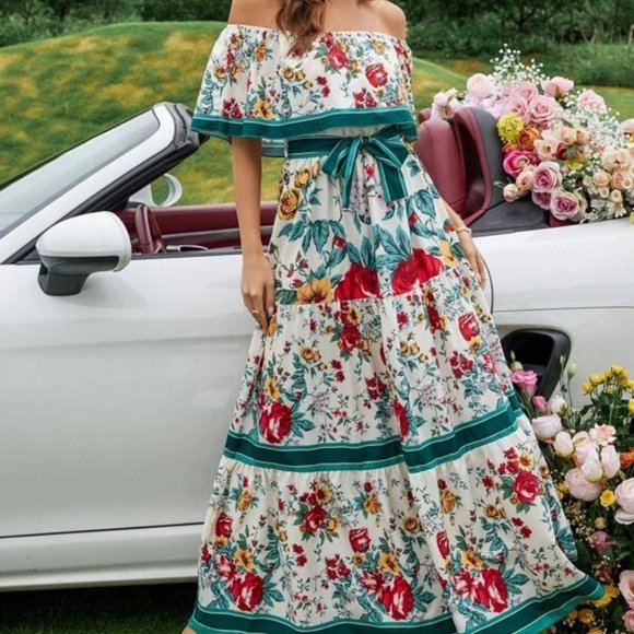 . Dresses & Skirts - Floral Off Shoulder Ruffle Hem Belted Maxi Dress Multi color